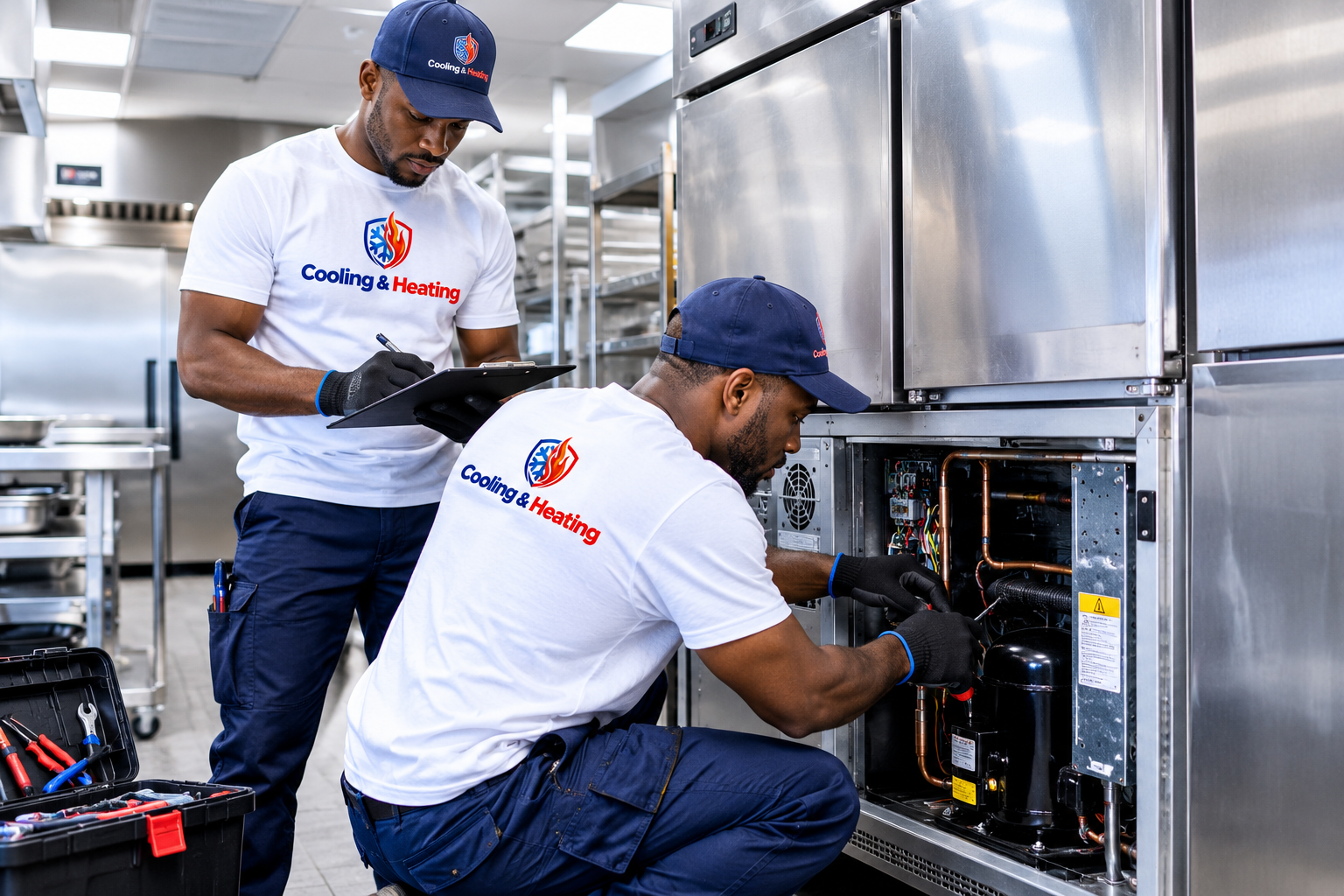 Cooling & Heating technicians inspecting and repairing a commercial refrigerator